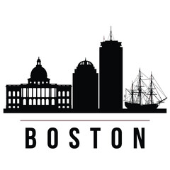 Boston city skyline with historic buildings and a ship