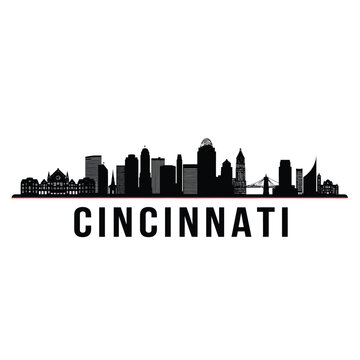 cincinnati city skyline with silhouette buildings and text