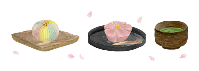 Watercolor Japanese Spring Sweets Set with Nerikiri, Manju and Matcha Tea High quality-300dpi-