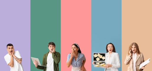 Fototapeta premium Set of many surprised people on color background