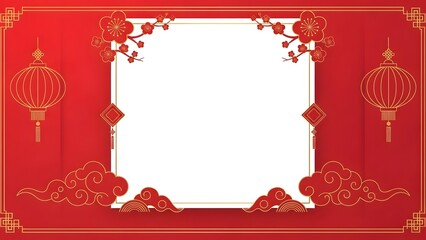 Obraz premium Elegant Lunar New Year template with red lanterns, plum blossoms, and auspicious clouds surrounding a white central square frame for customized content.