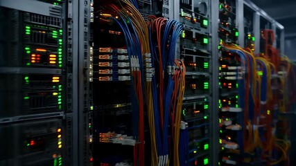 Modern data center server rack with colorful network cable connection hardware technology detail, cloud computing internet storage infrastructure cybersecurity, glowing light indicator high tech - Powered by Adobe