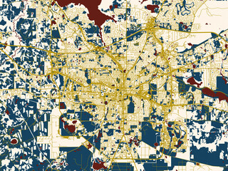 Fototapeta premium Poster-style map of Tallahassee, Florida using midnight red and gold palette