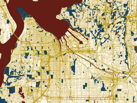 Flat city map of Tacoma, Washington in cream map with gold lines