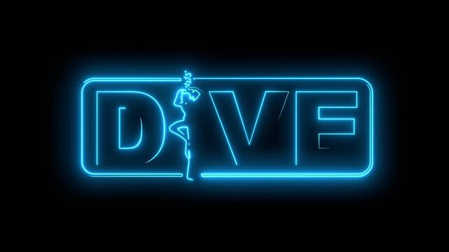 Dive word with silhouette of diver and bubbles. Neon glowing.