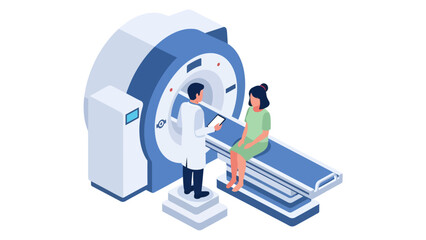 An isometric illustration shows a male doctor holding a tablet and a female patient sitting on the sliding bed of a large blue and white MRI or CT scanner machine in a modern medical setting