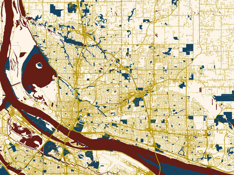 Flat city map of Vancouver, Washington in midnight red and gold palette