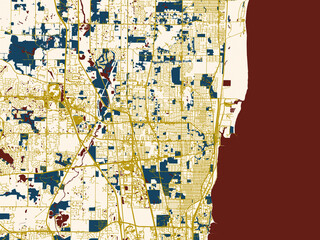 Naklejka premium Modern graphic street map of Waukegan, Illinois, with warm gold street grid over a cream background with bold deep-red water areas