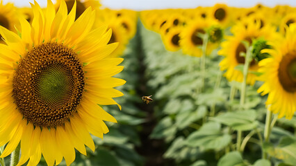 Obraz premium Cinematic shot of a vibrant sunflower field at high noon, a honeybee near petals. Ideal for summer campaigns, organic food branding, farm-to-table promotions, environmental themes,
