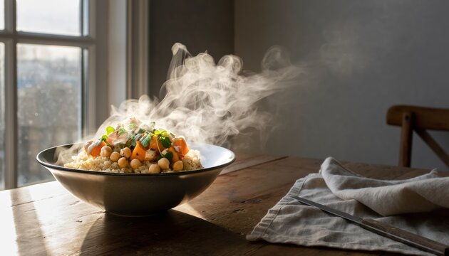 Steaming bowl of couscous with vegetables and chickpeas on wooden table