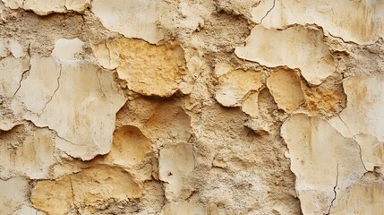 Close up shot of a weathered beige wall with peeling paint and rough texture revealing the underlayer of the construction material, creating a distressed surface.