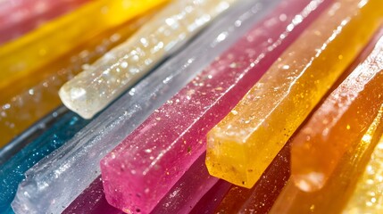 A vibrant array of multicolored gummy candies are arranged diagonally, creating a sweet and textured composition ideal for confectionery and snack themes precisely.
