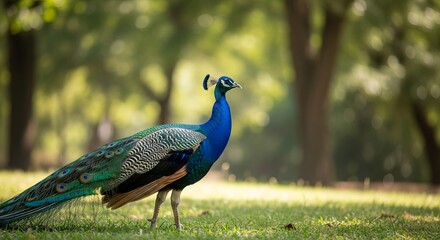 Fototapeta premium Indian peafowl displaying its magnificent iridescent tail feathers with eye patterns. A colorful and iconic bird native to the Indian subcontinent, symbolizing beauty and elegance.