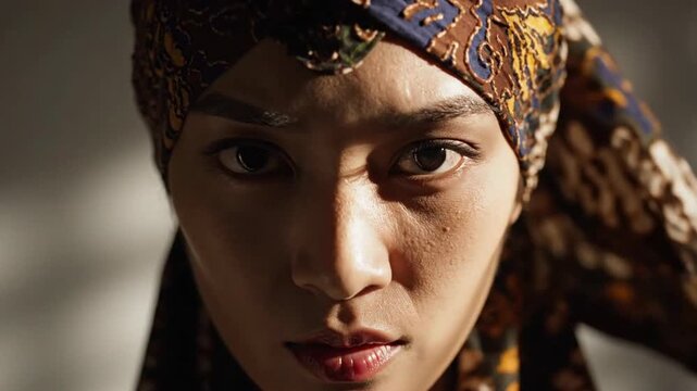 Close-up portrait of a woman wearing a patterned headscarf, looking at the camera.