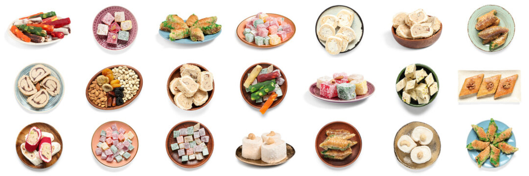 Collage of traditional Turkish desserts on white background
