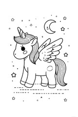 Obraz premium cute unicorn coloring page with wings, stars and moon – magical fantasy illustration for kids