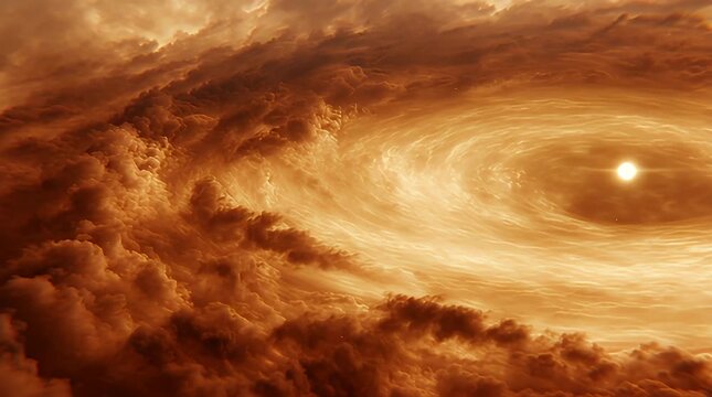 A swirling galaxy with a bright star in the background, surrounded by dense clouds, viewed from space
