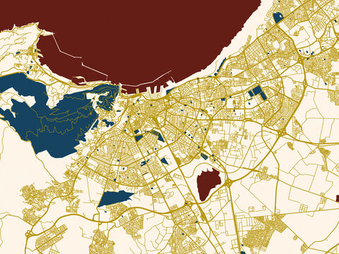 Poster-style map of Oran, Algeria using gold street network with deep red water
