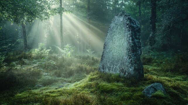 Ancient, moss-covered boundary marker stone, engraved with unknown, glowing runes, set in a misty, primordial forest, ethereal light shafts
