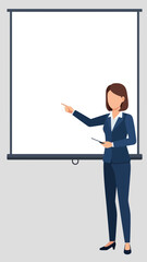 Woman in suit presenting at a blank screen.