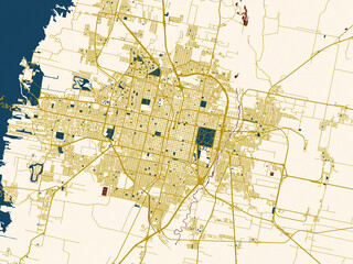 Obraz premium Modern graphic street map of San Miguel de Tucuman, Argentina, with rich red water shapes with ivory land and golden street network accents