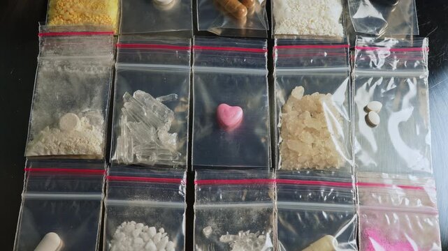Pink heart shaped pressed pill ecstasy MDMA display. Fentanyl type opioid drugs in small packages drug bust concept . Synthetic opioids Nitazenes.
