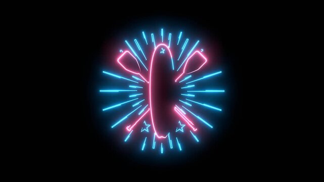 Stand up paddle boarding emblem loop animation. Neon glowing. Surfboard and paddles.