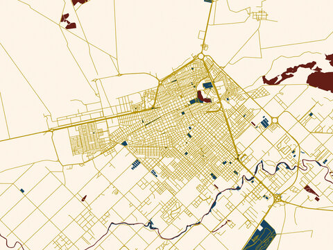 Poster-style map of Trelew, Argentina using gold street network with deep red water