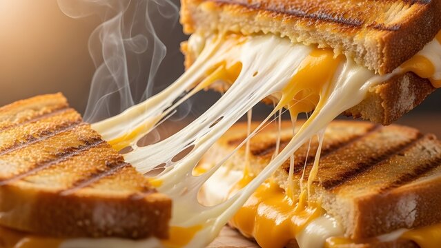 Close-up of a toasted grilled cheese sandwich being pulled apart, showing long, gooey strings of melted cheddar and mozzarella cheese