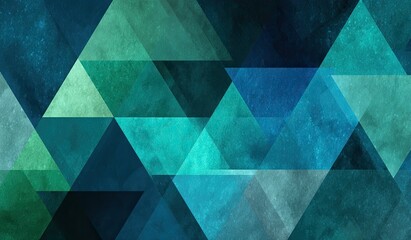 Abstract triangles layered in shades of blue, teal, and green, textured look