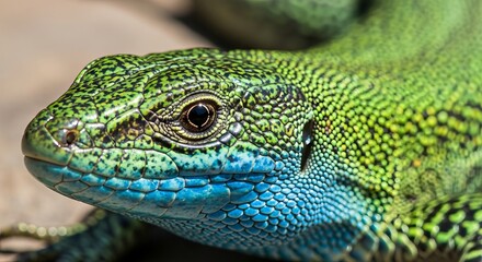 Fototapeta premium Italian wall lizard basking on a sunlit stone wall, showing green and brown scales with agile posture. A common European reptile adapted to urban and rocky habitats.