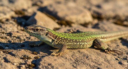 Italian wall lizard basking on a sunlit stone wall, showing green and brown scales with agile posture. A common European reptile adapted to urban and rocky habitats.