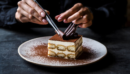 Tiramisu slice with rich cocoa powder and chocolate garnish being carefully decorated, perfect for bakery menus, high-end restaurant promotion, culinary blogs, and gourmet dessert advertising
