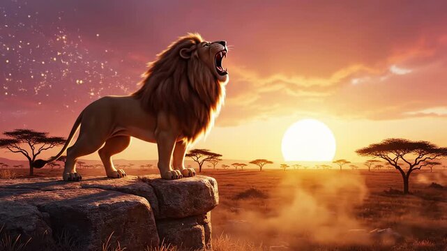 Majestic cinematic cartoon lion roaring atop a cliff against a fiery orange sunset savanna scene.