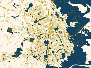 Naklejka premium City map of Toowoomba, Australia – dark red water and warm gold roads
