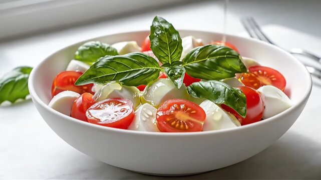 Caprese Salad with Fresh Tomatoes Mozzarella and Basil in a White Bowl Food Photography