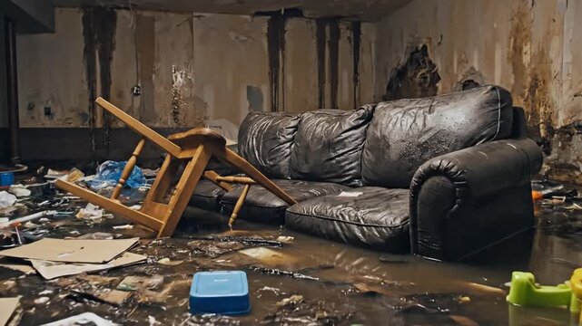 Flooded basement with damaged furniture.