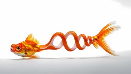 A creative image of a goldfish with its body shaped like a double helix DNA strand, symbolizing genetic modification or evolution.