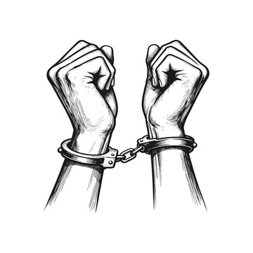 Hands being handcuffed for a crime. Black white vector illustration.