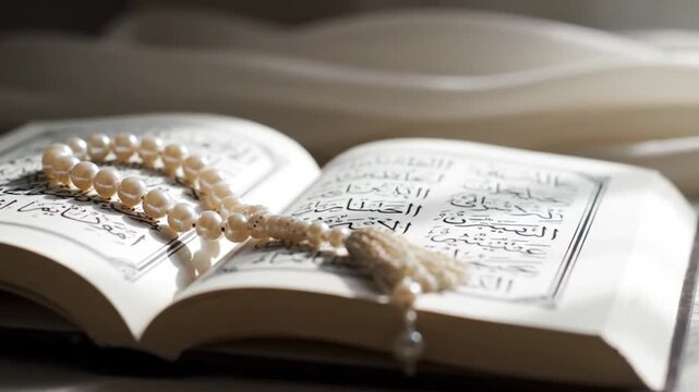 A serene close-up shot captures an open holy book featuring intricate, ornate script, beautifully illuminated by soft, natural light filtering in and casting gentle shadows across the pages. A string 