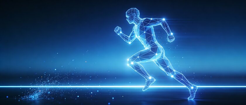 Digital runner silhouette in blue light