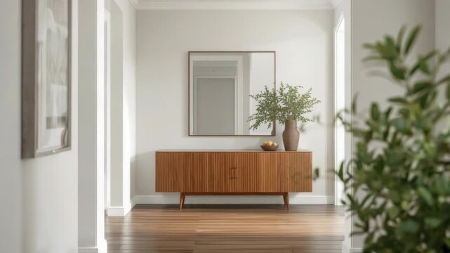 Minimalist entryway wooden sideboard mirror vase greenery mid century bright hallway calm natural
