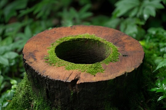 Hollow tree stump with vibrant green moss ring in forest