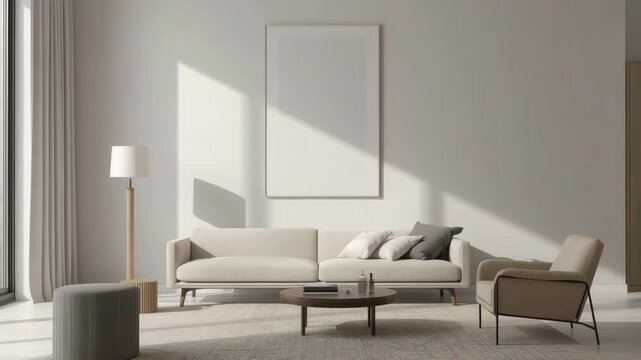 Minimal neutral beige living room with modern sofa, armchair, round coffee table, floor lamp