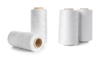 Set of thread spools on white background