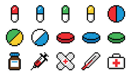 Fototapeta na wymiar Set of pixel art medical icons featuring colorful pills, a syringe, thermometer, and first aid kit in a retro 8-bit video game style for health and pharmacy concepts