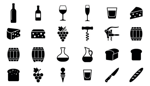 Large set of black wine and cheese icons including bottles, glasses, grapes, corkscrews, and bread in a minimalist vector style for food and drink concepts