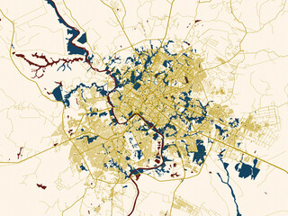 Poster-style map of Cuiaba, Brazil using cream map with gold lines