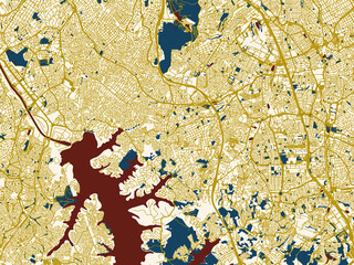 Fototapeta premium Decorative abstract map of Diadema, Brazil, featuring warm gold street grid over a cream background with bold deep-red water areas