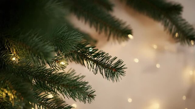 Evergreen pine fir branch with warm bokeh lights and cozy holiday needle conifer ambiance